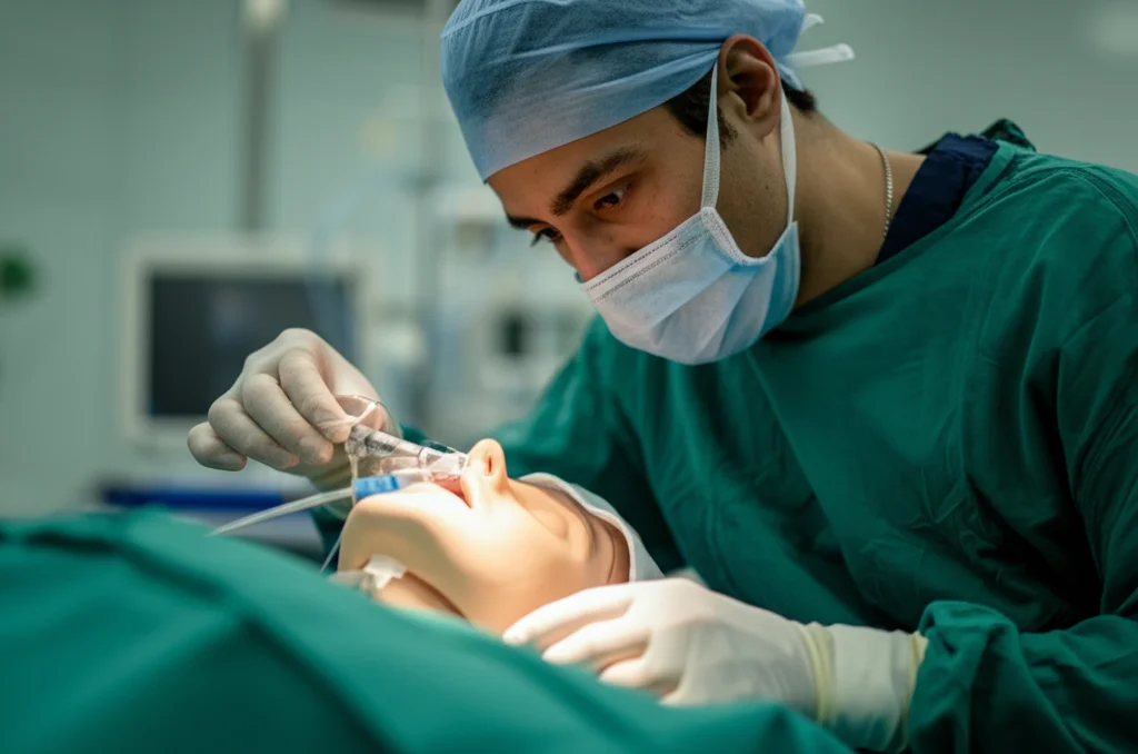 Fotografia di un anestesista concentrato che applica delicatamente una cannula nasale per ossigenazione apneica a un paziente simulato (manichino avanzato) prima dell'induzione dell'anestesia in una sala operatoria realistica. Obiettivo prime 50mm, profondità di campo ridotta per focalizzare l'attenzione sull'azione, illuminazione da sala operatoria.