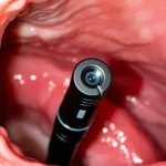 Immagine fotorealistica di un endoscopio avanzato con tecnologia NBI/BLI durante un esame dell'esofago di Barrett, focus nitido sull'estremità dello strumento e sulla mucosa esofagea, illuminazione clinica controllata, lente macro 90mm.