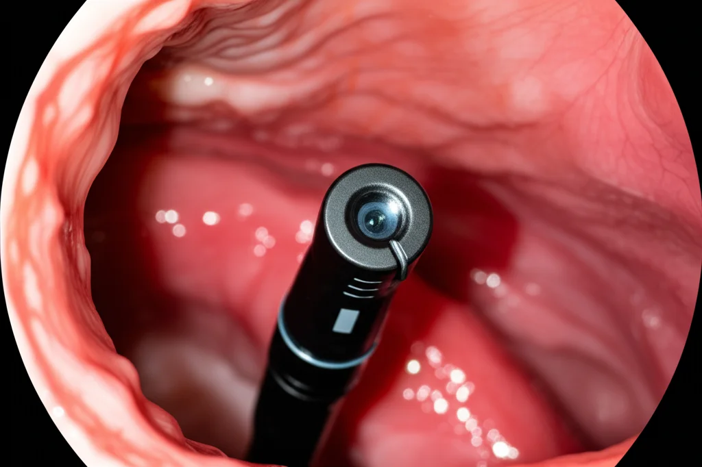 Immagine fotorealistica di un endoscopio avanzato con tecnologia NBI/BLI durante un esame dell'esofago di Barrett, focus nitido sull'estremità dello strumento e sulla mucosa esofagea, illuminazione clinica controllata, lente macro 90mm.