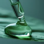 Immagine fotorealistica, lente macro 85 mm, una goccia di resina epossidica a base biologica (ISSATURA) e viscosa che cade da una pipetta da laboratorio su una vibrante foglia verde, che simboleggia la connessione tra chimica avanzata e sostenibilità, dettagli elevati, illuminazione morbida, profondità di campo.