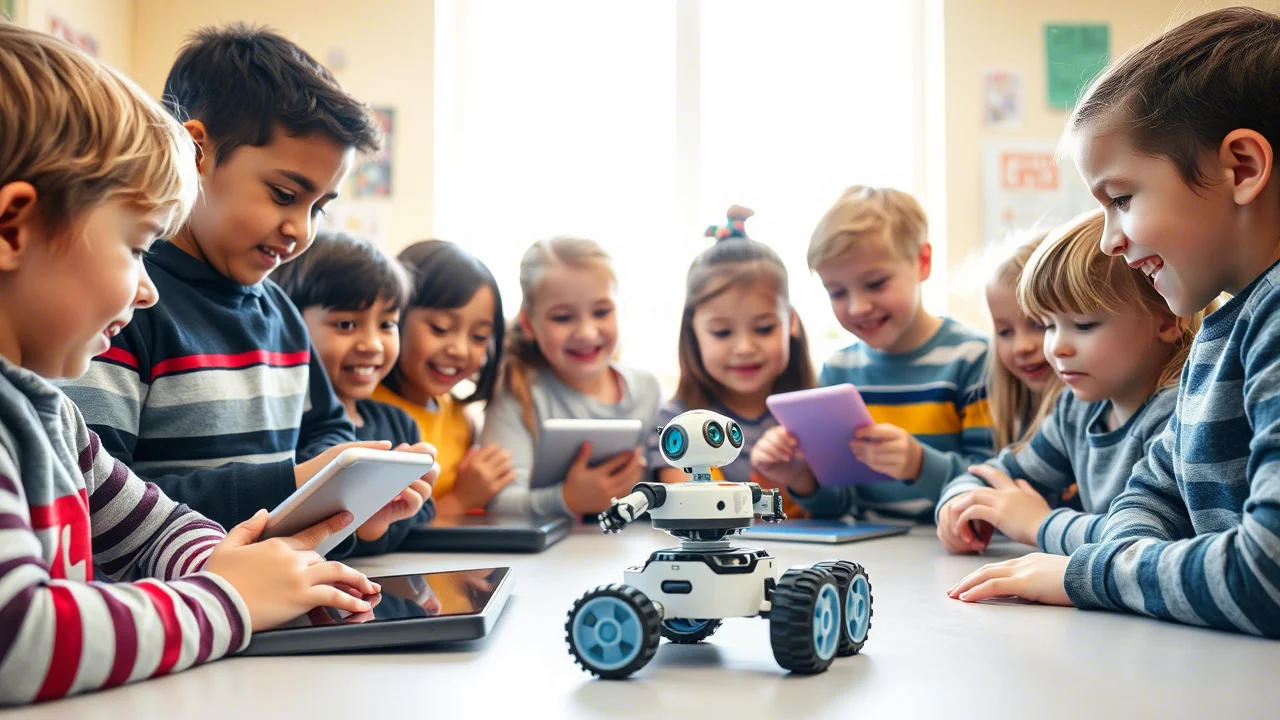 Un gruppo eterogeneo di bambini della scuola primaria, intorno ai 7-9 anni, interagisce con entusiasmo con un piccolo robot educativo su un tavolo in un'aula luminosa e colorata. Alcuni bambini programmano su un tablet, altri osservano il robot muoversi. Obiettivo prime, 35mm, profondità di campo per mettere a fuoco i bambini e il robot, luce naturale dalla finestra.