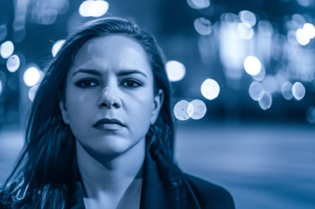 Fotografia ritratto di una persona sui 40 anni, espressione pensierosa e leggermente ansiosa, in un ambiente urbano moderno ma impersonale di notte. Luci della città sfocate sullo sfondo. Obiettivo 35mm, profondità di campo ridotta, toni duotone blu e grigio per accentuare un senso di freddezza e incertezza.