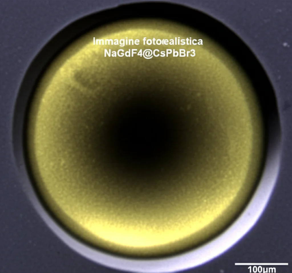 Immagine fotorealistica al microscopio elettronico che mostra nanoparticelle core-shell NaGdF4@CsPbBr3. Il nucleo (core) più scuro è visibile all'interno del guscio (shell) più chiaro. Macro lens, 100mm, High detail, precise focusing, controlled lighting, contrasto tra nucleo e guscio.