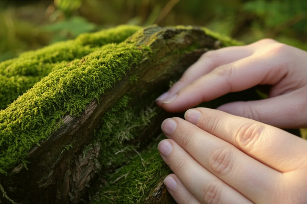 Fotografia macro di mani umane che toccano delicatamente del muschio verde brillante cresciuto su una radice d'albero antica e nodosa. Obiettivo macro 100mm, altissimo dettaglio delle texture del muschio e della pelle, messa a fuoco precisa sulle punte delle dita, illuminazione naturale soffusa che filtra tra le foglie.