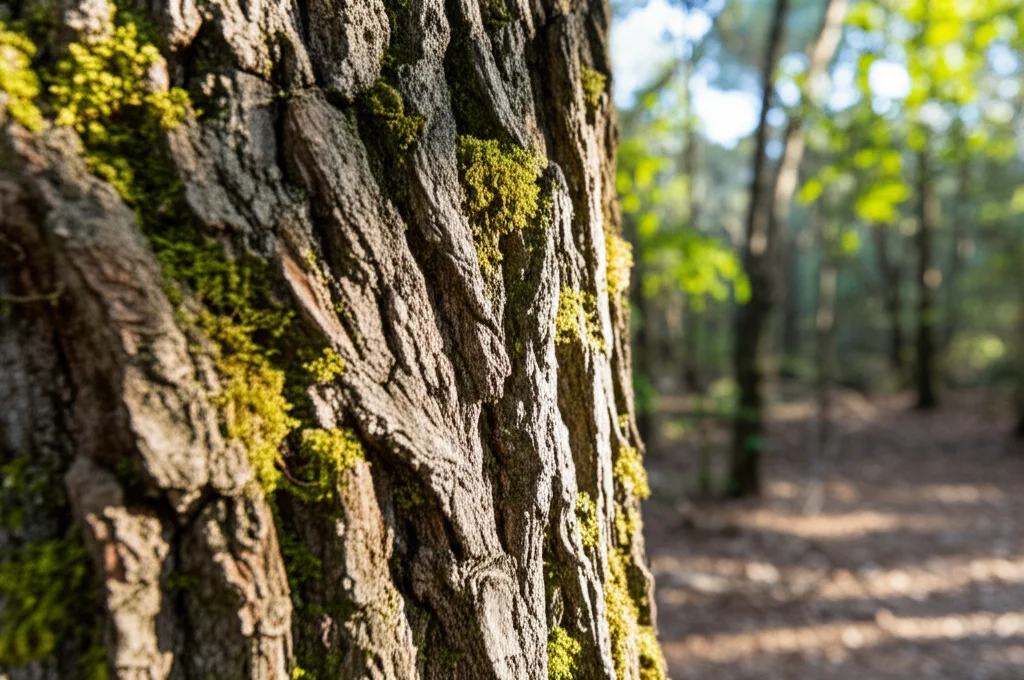 Primo piano di un tronco d'albero robusto in una foresta della Penisola Iberica, con la luce del sole che filtra tra le foglie. Fotografia macro, obiettivo 85mm, alta definizione, messa a fuoco precisa sulla corteccia, illuminazione naturale controllata.
