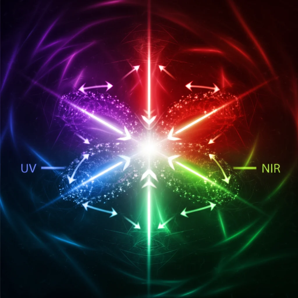 Visualizzazione astratta del trasferimento energetico bidirezionale in un'eterostruttura core-shell. Frecce luminose indicano il passaggio di energia da UV (viola) a NIR (rosso) e da NIR (rosso) a verde visibile. Sfondo scuro, effetti luminosi vibranti, stile astratto scientifico.