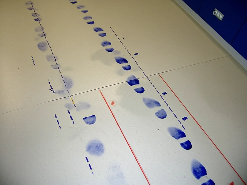 Analisi del cammino con metodo delle impronte d'inchiostro: una striscia di carta bianca lunga stesa sul pavimento mostra impronte blu sequenziali, con segni di misurazione per lunghezza passo e falcata. Vista dall'alto, lente 50mm, illuminazione da laboratorio.