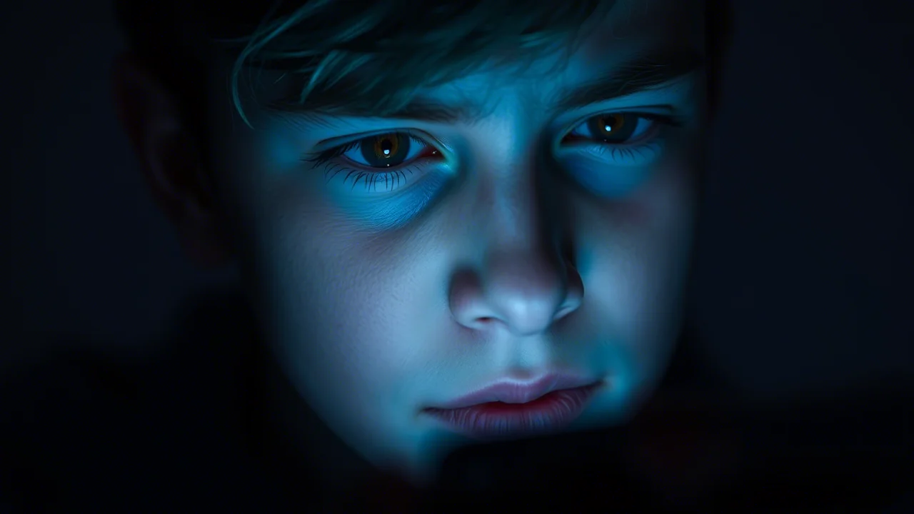 Fotografia ritratto ravvicinato di un adolescente illuminato solo dalla luce fredda di uno smartphone tenuto vicino al viso. L'espressione è ambigua, un misto di ansia, curiosità e stanchezza. Obiettivo 50mm prime, profondità di campo molto ridotta che sfoca lo sfondo nell'oscurità, dominanza di colori freddi (blu, ciano).