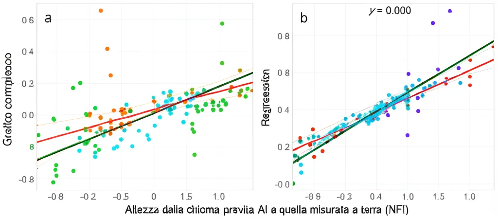 Grafico complesso che mostra la correlazione tra altezza della chioma prevista dai modelli AI e quella misurata a terra (NFI), con punti dati colorati e linee di regressione. Stile infografica scientifica, chiara e leggibile, alta precisione dei dati rappresentati.