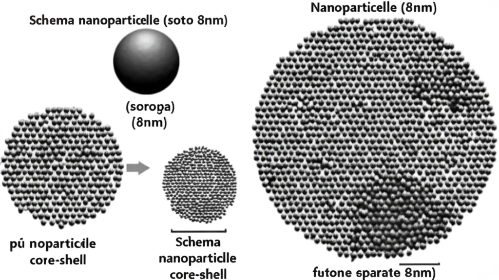 Schema comparativo che mostra piccole nanoparticelle (sotto 8nm) che formano con successo strutture core-shell, accanto a nanoparticelle più grandi (sopra 8nm) che falliscono, rimanendo separate dal materiale del guscio. Stile diagramma scientifico, chiaro e pulito, Macro lens, 60mm, High detail.