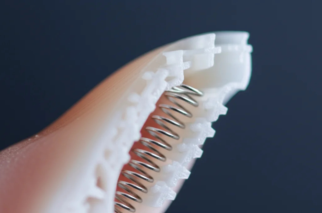 Scatto macro ravvicinato, obiettivo da 85 mm, di un segmento di dito frattale stampato in 3D che mostra gli intricati slot a T e il meccanismo a molla, dettagli elevati, messa a fuoco precisa, illuminazione in studio controllata.