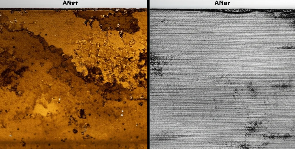Macro fotografia, 100mm macro lens, alta definizione, illuminazione controllata, che mostra la superficie di un pezzo di acciaio dolce parzialmente immerso in una soluzione acida trasparente (HCl 1M). Metà della superficie dell'acciaio è visibilmente corrosa e ruvida, mentre l'altra metà, trattata con l'inibitore AEET, appare liscia e protetta. Potrebbero essere visibili bolle sulla parte corrosa.