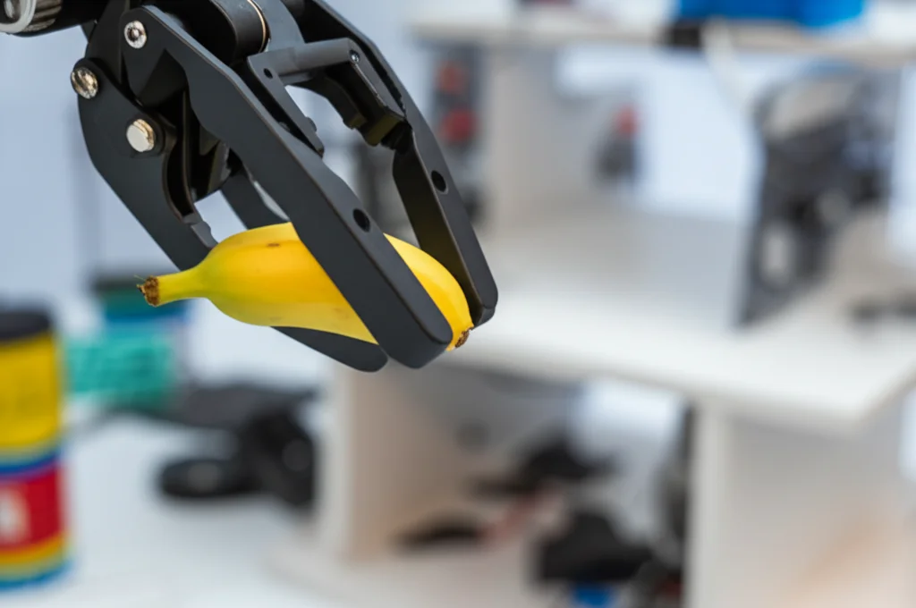 Scatto d'azione, teleobiettivo Zoom Lens 150mm, della gripper frattali che avvolge delicatamente un oggetto complesso, di forma irregolare come un pezzo di frutta o un giocattolo, una velocità dell'otturatore veloce per catturare il momento della presa, profondità di campo che sfoca lo sfondo.