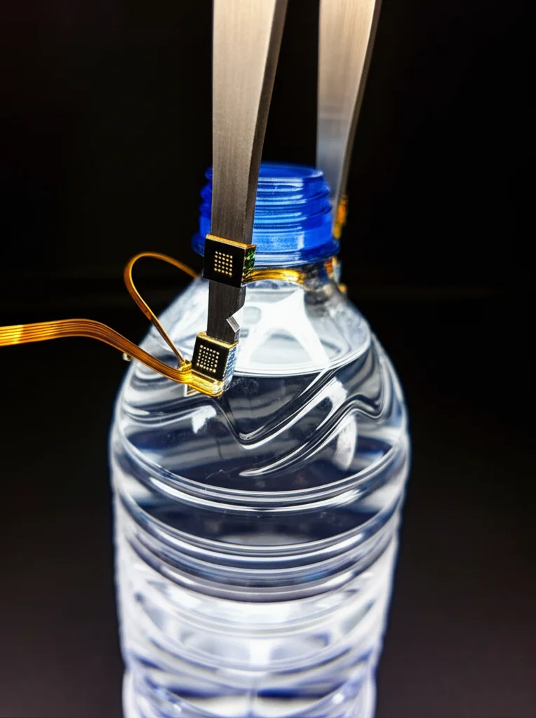 Still Life, lenti macro 100 mm, che mostrano le dita della pinza frattali con sensori di pressione a film sottile attaccati, afferrando una bottiglia d'acqua, dettagli elevati su sensori e punti di contatto, illuminazione controllata.