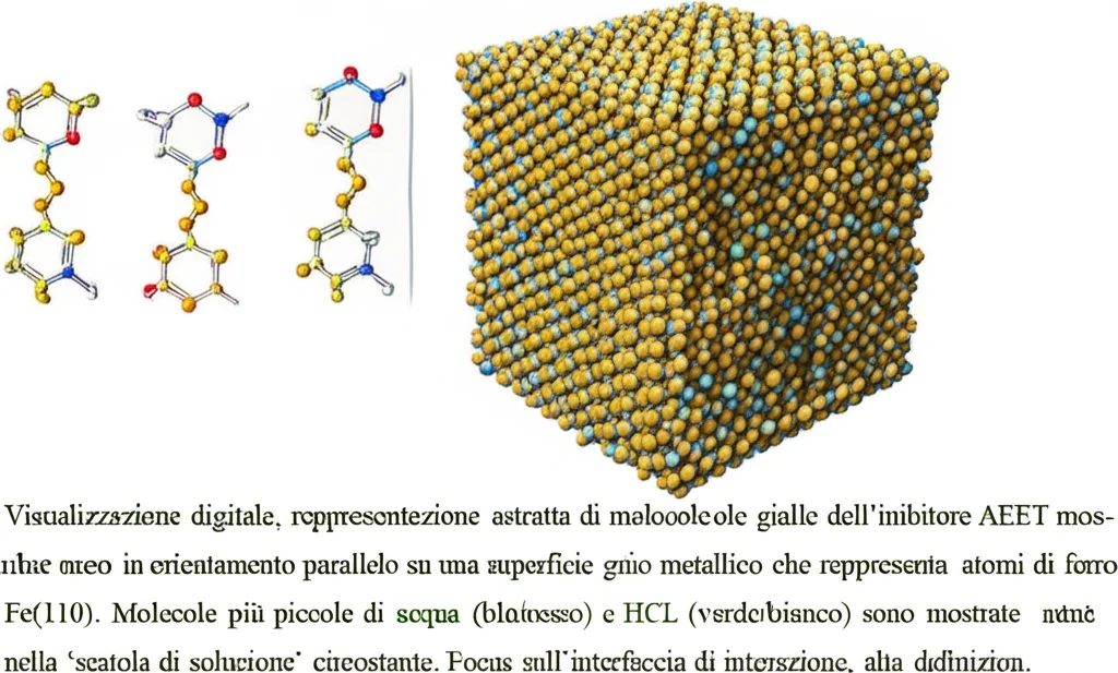 Visualizzazione digitale, rappresentazione astratta di molecole. Molecole gialle dell'inibitore AEET mostrate mentre si adsorbono in orientamento parallelo su una superficie grigio metallico che rappresenta atomi di ferro Fe(110). Molecole più piccole di acqua (blu/rosso) e HCl (verde/bianco) sono mostrate nella 'scatola di soluzione' circostante. Focus sull'interfaccia di interazione, alta definizione.
