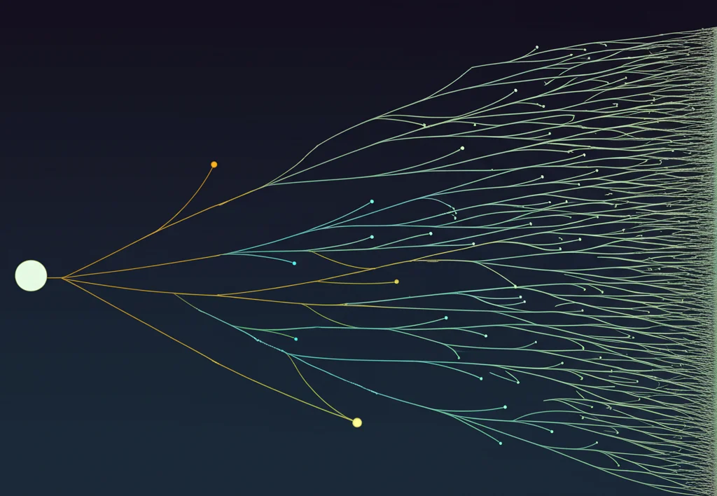 Visualizzazione grafica astratta di un modello Random Forest, con nodi e rami interconnessi che rappresentano le decisioni basate sulle features (forma, texture) dell'Alisma. Colori high-tech, sfondo scuro.