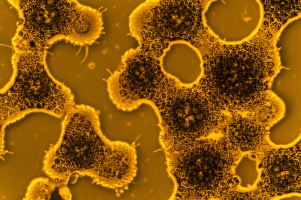 Fotografia macro di organoidi polmonari umani derivati da cellule iPSC in una piastra di coltura, illuminati per mostrare la struttura 3D complessa. Dettaglio elevato, illuminazione controllata, focale 60mm.