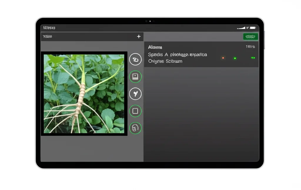 Schermata stilizzata di un software su un tablet che analizza l'immagine di un rizoma di Alisma, mostrando in tempo reale le features estratte (forma, texture) e il risultato della classificazione (Specie: A. plantago-aquatica, Origine: Sichuan). Interfaccia utente pulita, focus sull'efficienza.