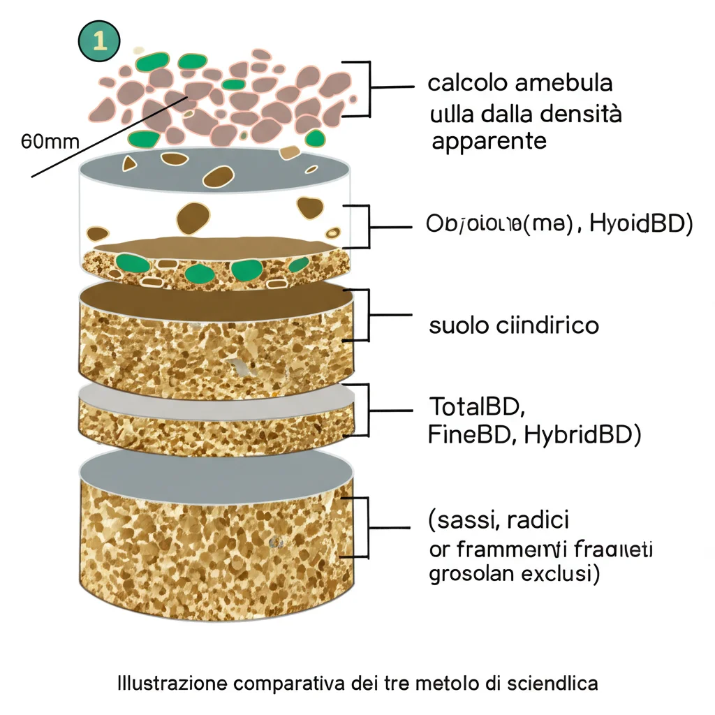 Illustrazione comparativa dei tre metodi di calcolo della densità apparente (TotalBD, FineBD, HybridBD) applicati a un campione di suolo cilindrico, evidenziando come vengono considerati o esclusi i frammenti grossolani (sassi, radici). Macro lens, 60mm, high detail, controlled lighting, stile infografica scientifica.