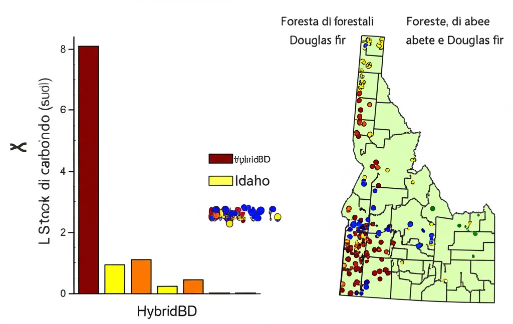 Mappa dello stato dell'Idaho (USA) con punti che indicano le aree forestali NFI studiate, colorati diversamente per foreste di abete e Douglas fir. Accanto, un grafico a barre che confronta lo stock di carbonio nel suolo (SOC) per i due tipi di foresta, calcolato sia con HybridBD che con FineBD, mostrando la differenza significativa solo nel primo caso. Stile cartografico pulito e grafico scientifico chiaro.