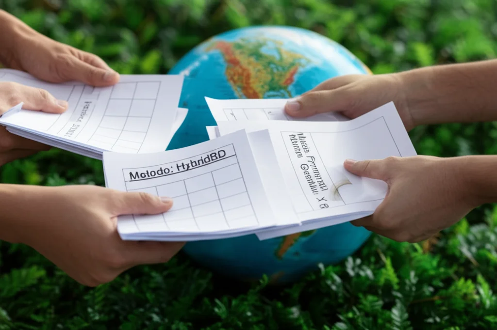 Immagine concettuale che mostra l'importanza della trasparenza nei dati scientifici sul suolo. Mani diverse che condividono fogli di dati etichettati chiaramente ('Metodo: HybridBD', 'Massa Frammenti Grossolani: X g'), con un globo terrestre stilizzato sullo sfondo focalizzato sulle foreste. Prime lens, 35mm, depth of field, luce naturale soffusa.