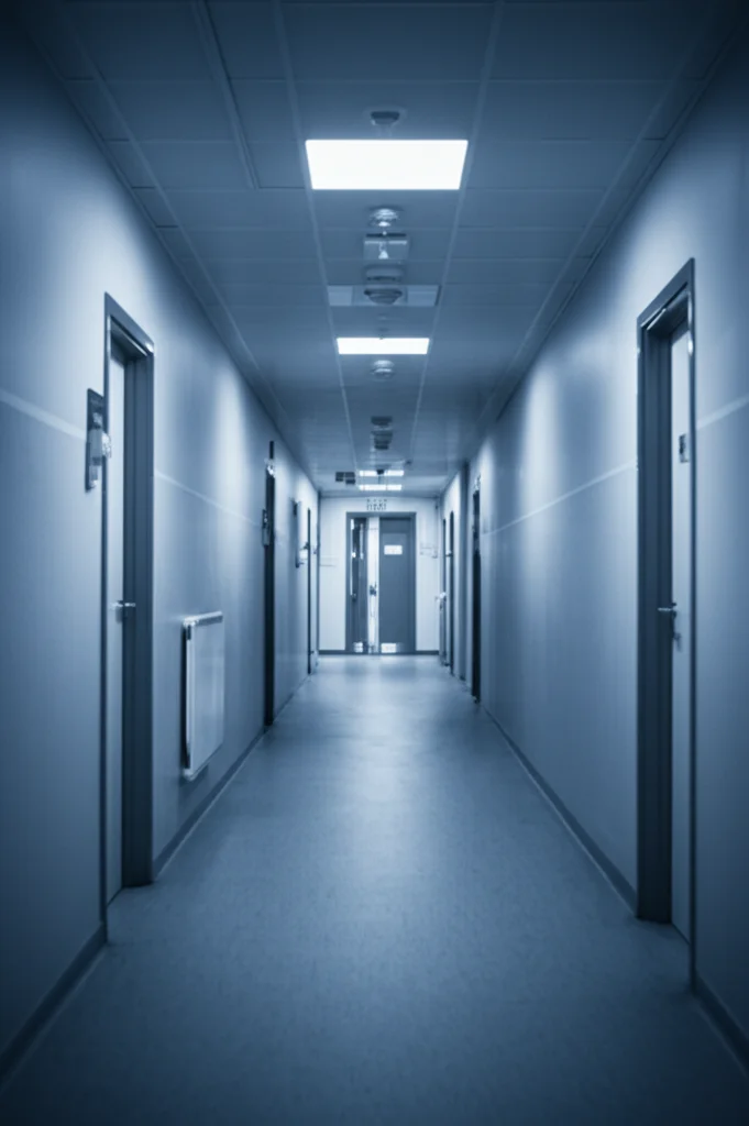 Fotografia di un corridoio vuoto di un pronto soccorso di notte, luci al neon fredde, senso di solitudine e attesa, obiettivo 35mm, profondità di campo, toni blu e grigi duotone.