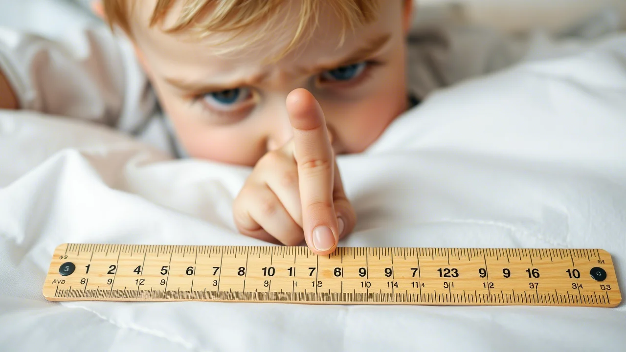 Fotografia macro realistica di un bambino di 5 anni che guarda confuso un righello standard appoggiato su un foglio bianco, con un dito che indica un numero a caso verso la metà del righello. Luce da studio controllata, obiettivo macro 85mm, alta definizione, focus preciso sulla mano del bambino e sui numeri/tacche del righello, sfondo leggermente sfocato.