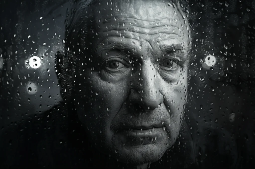 Primo piano di un volto di un uomo anziano con espressione preoccupata, visto attraverso il vetro di una finestra con gocce di pioggia, riflettendo le luci della città, obiettivo 50mm, bianco e nero film, profondità di campo.