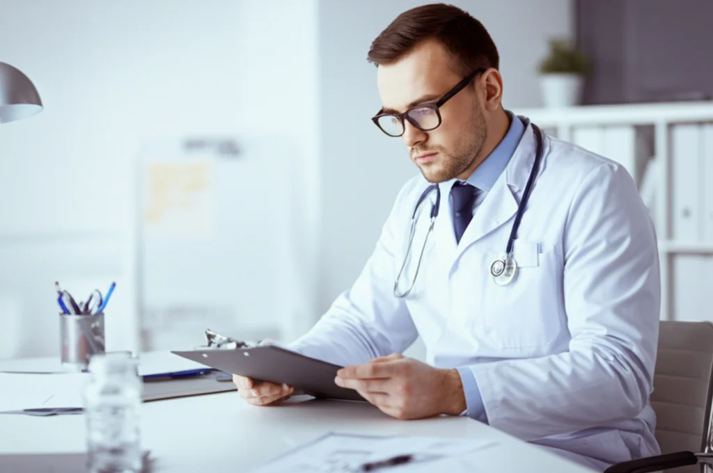 Ritratto di un medico pensieroso che esamina una cartella clinica elettronica in un ufficio moderno e luminoso. Obiettivo prime 35mm, luce naturale laterale, profondità di campo media per mostrare l'ambiente ma mantenere il focus sul medico, toni neutri.
