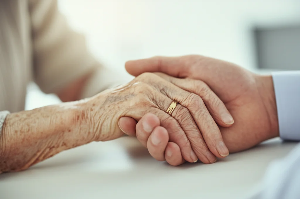 Fotografia di due mani che si stringono delicatamente, una più anziana e una più giovane, in un ambiente clinico ma caldo, luce soffusa, obiettivo macro 85mm, messa a fuoco precisa sui dettagli delle mani.