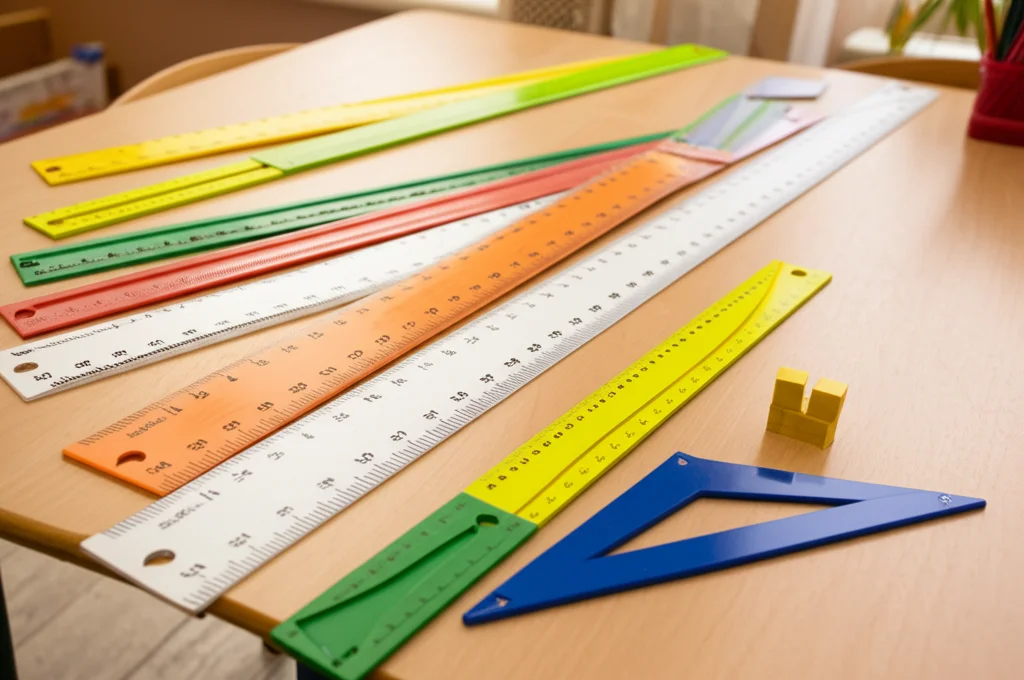 Still life fotorealistico che mostra i diversi righelli didattici colorati della sequenza RbySteps disposti ordinatamente su un tavolo di legno chiaro da scuola materna. Alcuni righelli mostrano blocchi unitari visibili, altri solo tacche, altri numeri negli intervalli o sotto le tacche. Obiettivo macro 60mm, luce naturale morbida proveniente da una finestra laterale, alta definizione, colori vivaci ma realistici.