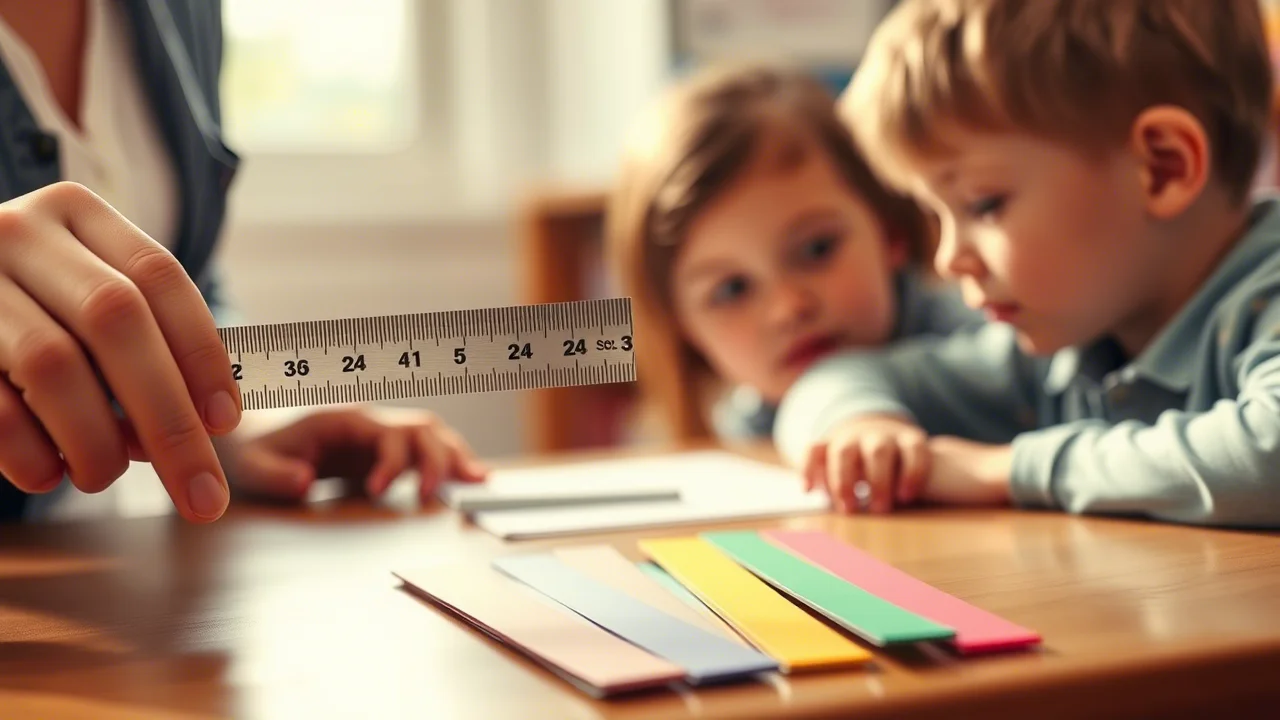Fotografia realistica, stile documentario, di una mano di un insegnante che indica con un dito lo spazio unitario tra due tacche su un righello RbySteps, mentre un bambino osserva attentamente. Sul banco di scuola ci sono anche strisce di cartone colorate. Profondità di campo ridotta per focalizzare l'attenzione sull'interazione, obiettivo 50mm, luce naturale calda.