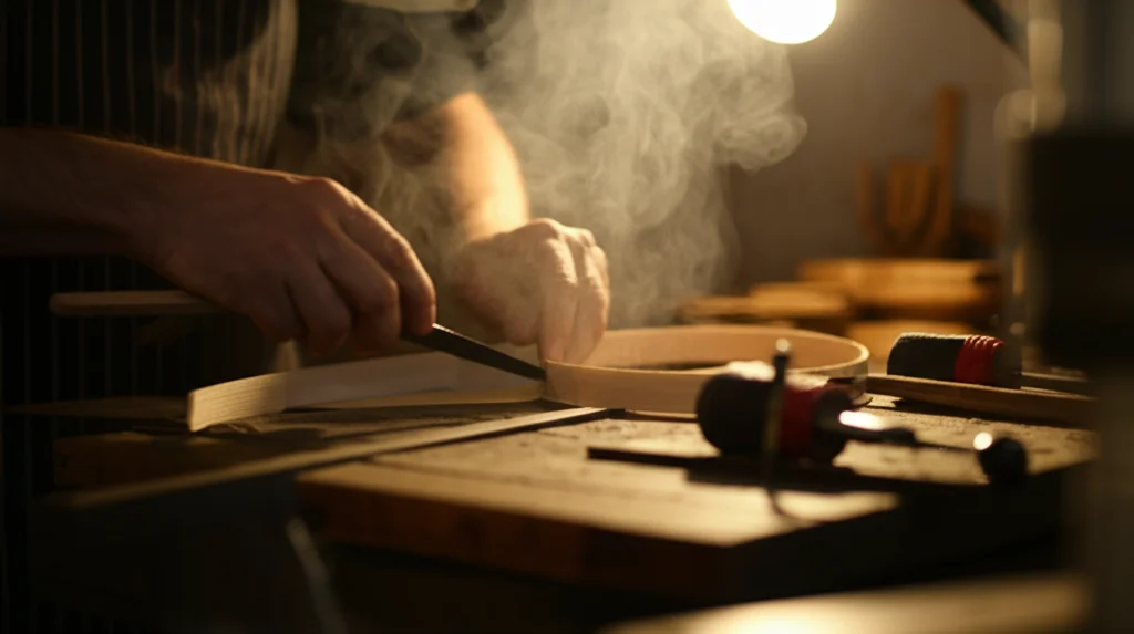 Mani esperte di un liutaio che piegano a caldo una sottile striscia di legno (una fascia di chitarra) su una forma metallica curva, vapore che si alza leggermente, luce calda da officina, obiettivo tele zoom 150mm, fast shutter speed per catturare il momento.