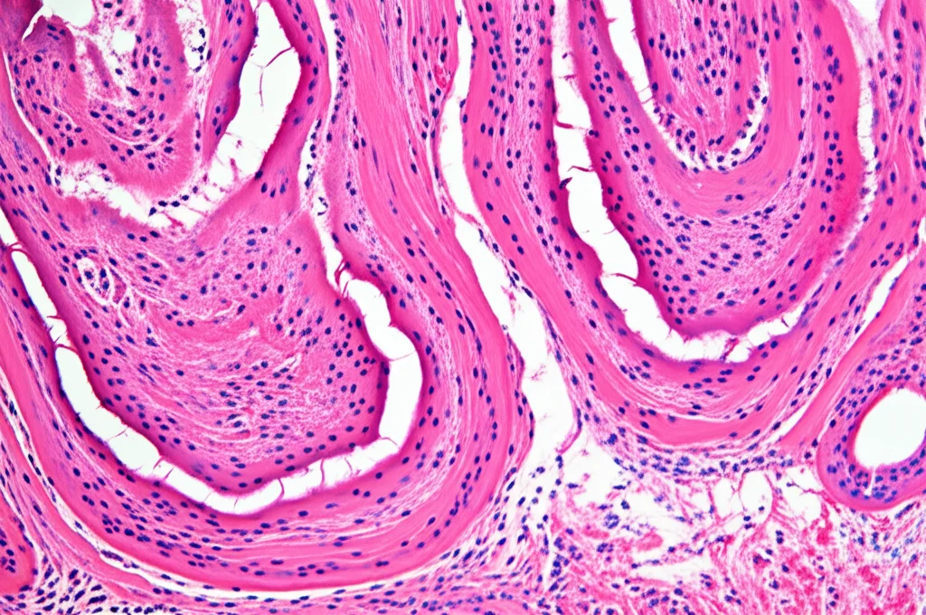 Primo piano macro di una sezione istologica di tessuto tumorale orale sotto un microscopio, illuminazione controllata ad alto contrasto, alta definizione, lente macro 90mm, che mostra chiaramente le cellule cancerose che invadono i tessuti più profondi.