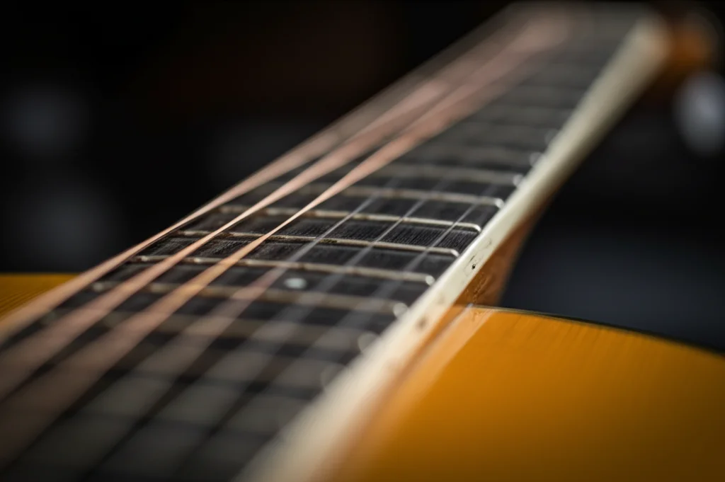 Dettaglio di una tastiera di chitarra classica appena realizzata con legno di Zocón o Tepemezquite, che mostra la grana scura e fine del legno e i tasti metallici inseriti con precisione, illuminazione laterale morbida, obiettivo prime 50mm, profondità di campo ridotta.