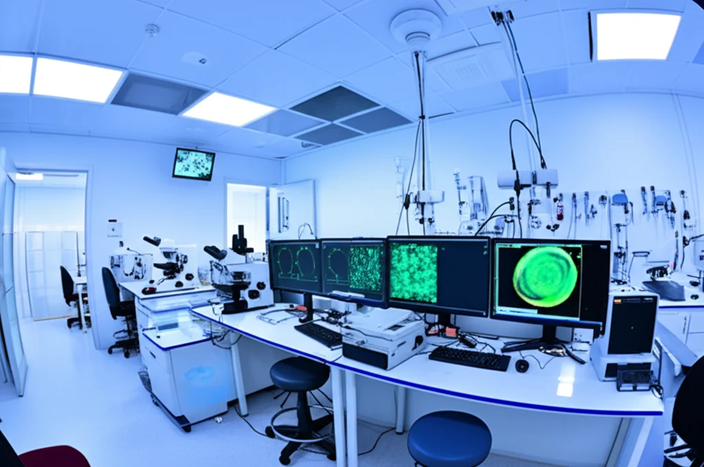 Fotografia grandangolare di un moderno laboratorio di ricerca oncologica, con microscopi avanzati e schermi che mostrano dati cellulari, lunga esposizione per catturare un senso di attività scientifica, messa a fuoco nitida sui dettagli tecnologici, obiettivo 18mm.