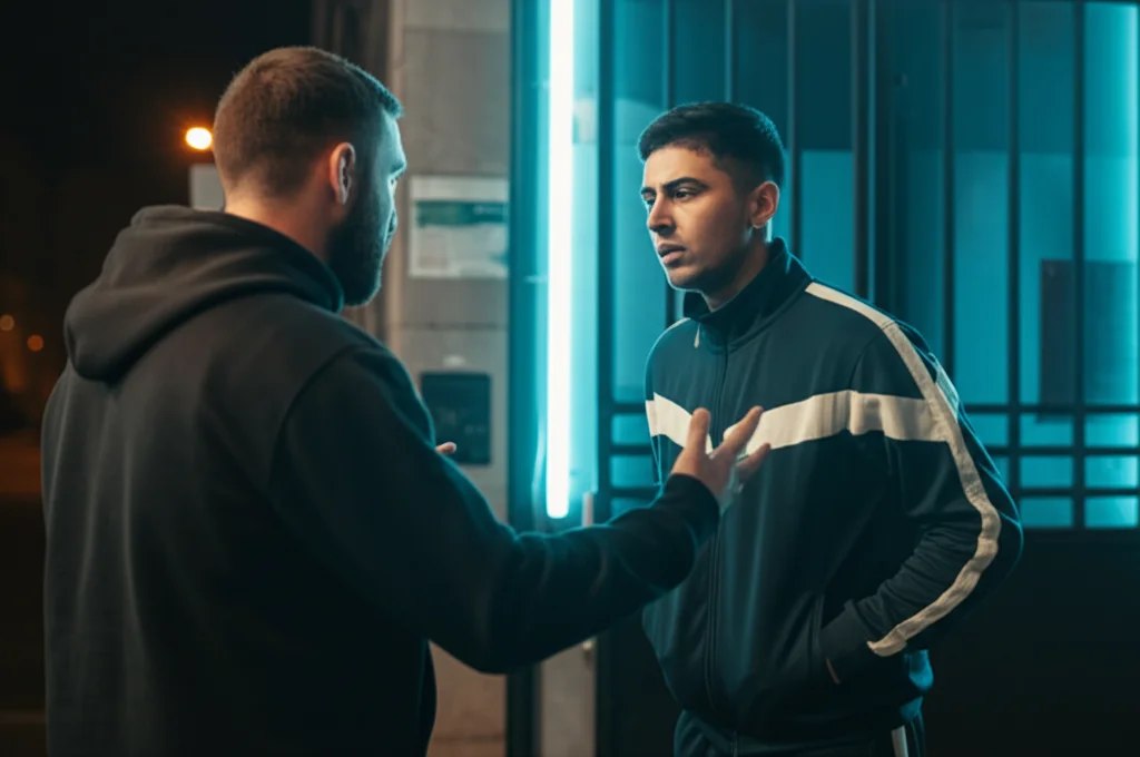 Scena notturna fuori da un club techno parigino. Un giovane uomo dall'aspetto nordafricano, vestito con una tuta sportiva, discute animatamente ma a distanza con un buttafuori all'ingresso. Luci fredde e atmosfera tesa. Obiettivo zoom 100mm, messa a fuoco selettiva sul volto del giovane, leggero effetto mosso per trasmettere tensione.