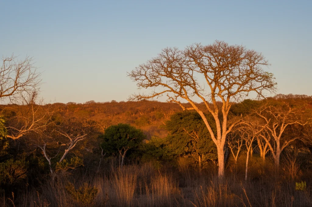 Vista d'insieme di una foresta tropicale secca messicana all'alba, con alberi come Bursera e Lysiloma visibili, luce dorata diffusa, obiettivo grandangolare 18mm, messa a fuoco nitida su tutta la scena, paesaggio.