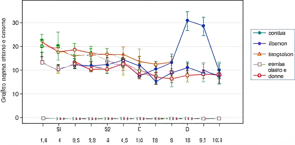 Grafico comparativo astratto che mostra le differenze nei valori medi di ABI e TBI tra gamba destra e sinistra e tra uomini e donne, utilizzando barre colorate e linee di tendenza. Visualizzazione dati scientifica, sfondo neutro, alta leggibilità.