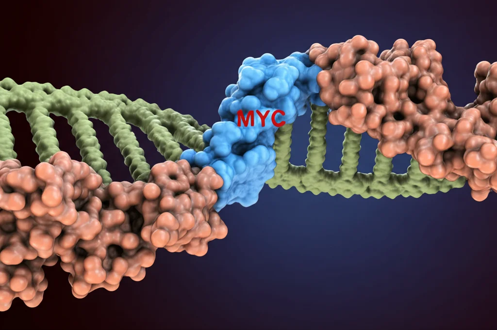Immagine macro ad alta definizione di un modello 3D che illustra la proteina MYC che si lega al promotore del gene URI su un filamento di DNA, con illuminazione controllata per evidenziare l'interazione molecolare. Obiettivo macro 80mm, alto dettaglio, messa a fuoco precisa.