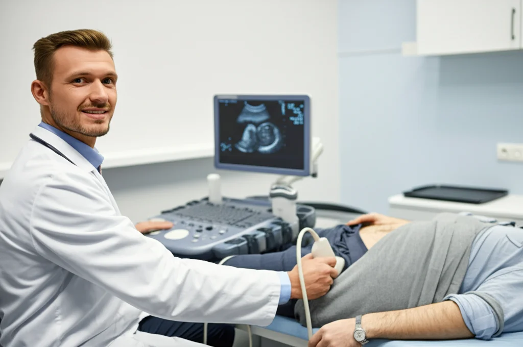 Medico sorridente che esegue un'ecografia addominale su un paziente rilassato in un ambiente clinico moderno e luminoso. Lo schermo dell'ecografo mostra chiaramente la sezione dell'antro gastrico. Obiettivo prime 35mm, profondità di campo, luce naturale.