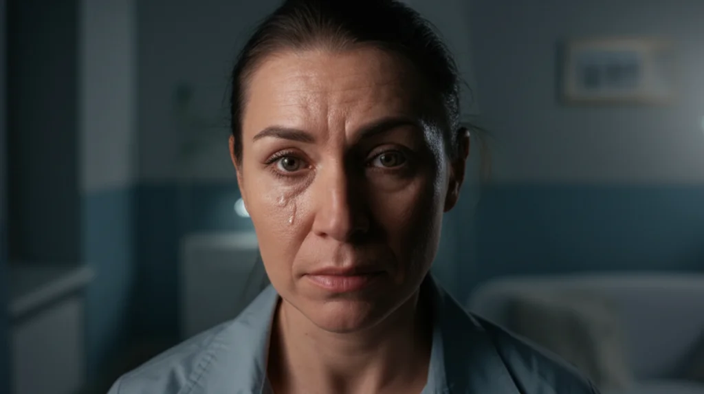 Primo piano su un volto pensieroso di donna, età 40 anni, diviso a metà: una parte mostra segni di ansia fisica (sudorazione leggera sulla fronte, tensione muscolare), l'altra tristezza profonda con una lacrima. Luce controllata, obiettivo da ritratto 35mm, profondità di campo per sfocare leggermente lo sfondo di una stanza neutra, toni duo blu e grigio per accentuare il dilemma interiore.