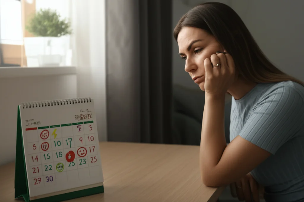 Una donna sulla quarantina guarda con espressione preoccupata un calendario da tavolo su cui sono segnati con colori diversi simboli che rappresentano sintomi fisici (es. fulmine per scossa) e umore altalenante (faccine tristi/neutre). La luce morbida della finestra illumina il suo volto teso e il calendario. Obiettivo prime 35mm, profondità di campo che sfoca lo sfondo della stanza, luce naturale controllata.