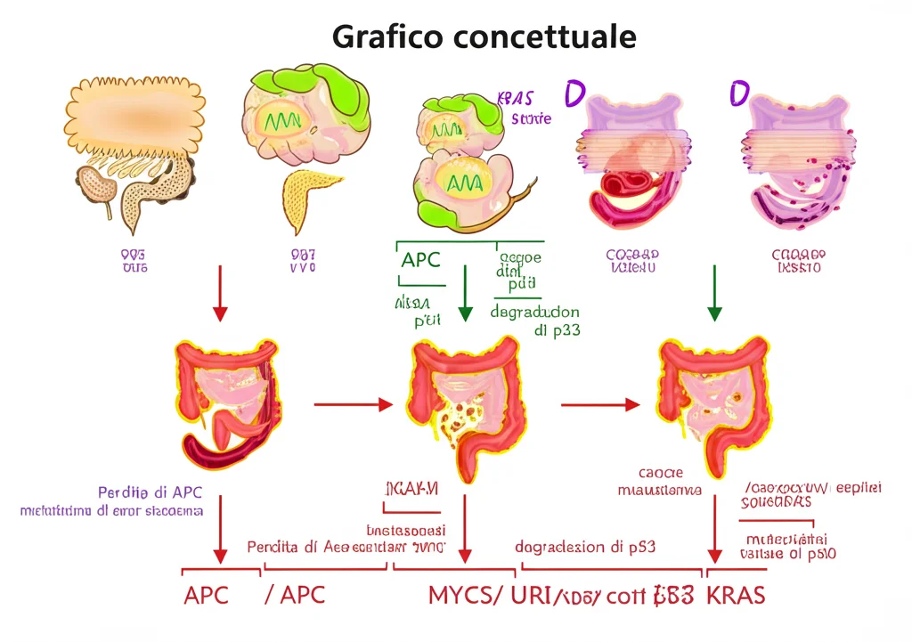 Grafico concettuale fotorealistico che illustra il modello rivisto della progressione del cancro del colon-retto, mostrando i passaggi da perdita di APC, attivazione MYC/URI, degradazione di p53, fino all'acquisizione di mutazioni come KRAS. Stile infografica scientifica, alta definizione.