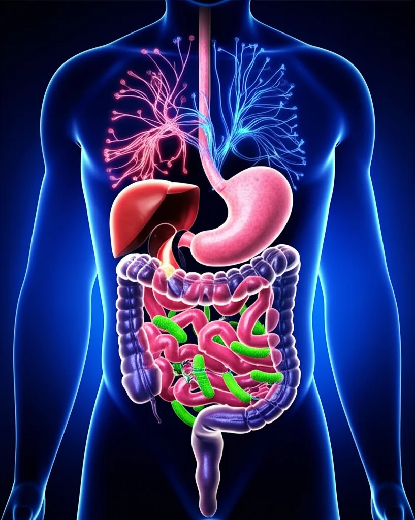 Immagine concettuale fotorealistica dell'asse intestino-cervello: una sezione trasversale stilizzata del cervello umano connessa all'intestino tramite fibre luminose, con batteri probiotici visibili nell'intestino. Obiettivo prime 35mm, profondità di campo, colori vibranti ma realistici.