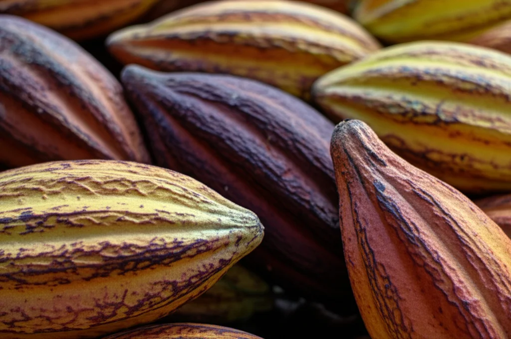 Macro fotografia di bucce di cacao scartate, ammucchiate e illuminate da una luce naturale diffusa. Alcune bucce sono rotte, rivelando la texture interna. Obiettivo macro 85mm, alta definizione, messa a fuoco precisa.