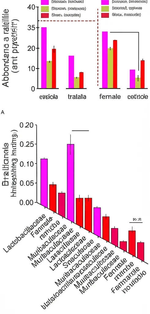 Grafico a barre colorato che mostra l'abbondanza relativa di diverse famiglie batteriche (es. Lactobacillaceae, Muribaculaceae) nell'intestino di topi maschi e femmine trattati con probiotici o veicolo, obiettivo macro 60mm, alta definizione, stile infografica scientifica.