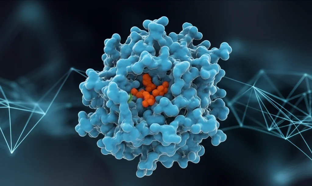 Rendering 3D fotorealistico di una complessa struttura proteica (enzima pullulanasi) che brilla leggermente su uno sfondo scuro e astratto che simboleggia dati digitali. Messa a fuoco nitida sul sito attivo dell'enzima. Obiettivo 50mm, profondità di campo.