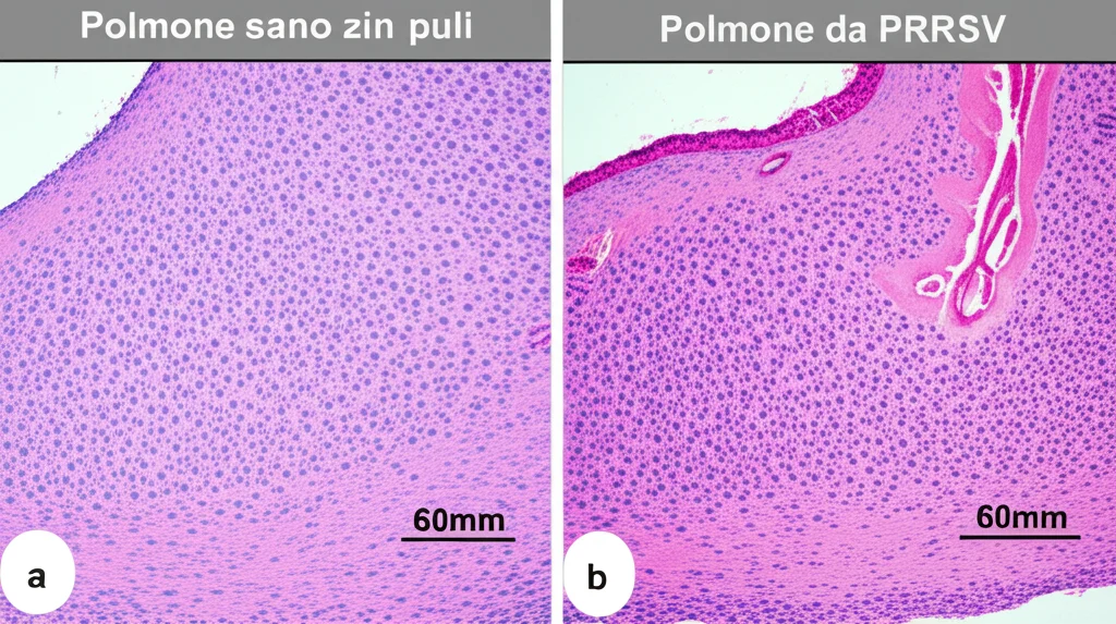 Confronto affiancato di due sezioni di polmone suino al microscopio: a sinistra, polmone sano con alveoli puliti; a destra, polmone con gravi lesioni da PRRSV (ispessimento dei setti, cellule infiammatorie). Immagine macro con obiettivo 60mm, illuminazione controllata per evidenziare le differenze strutturali, alta definizione.