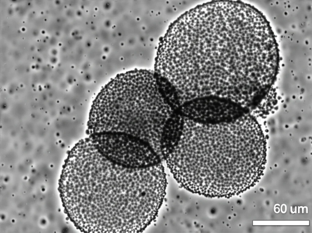 Immagine al microscopio di tumorsfere derivate da cellule A549, coltivate in piastre a bassa aderenza. Le sfere cellulari tridimensionali fluttuano nel terreno di coltura. Obiettivo macro 60mm, alta definizione, illuminazione controllata per evidenziare la struttura sferica.